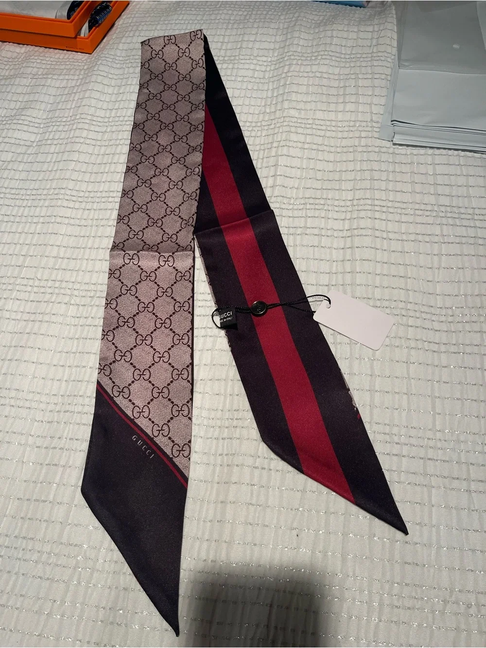 Gucci Slim Silk Scarf in Burgundy and Black with GG Motif
